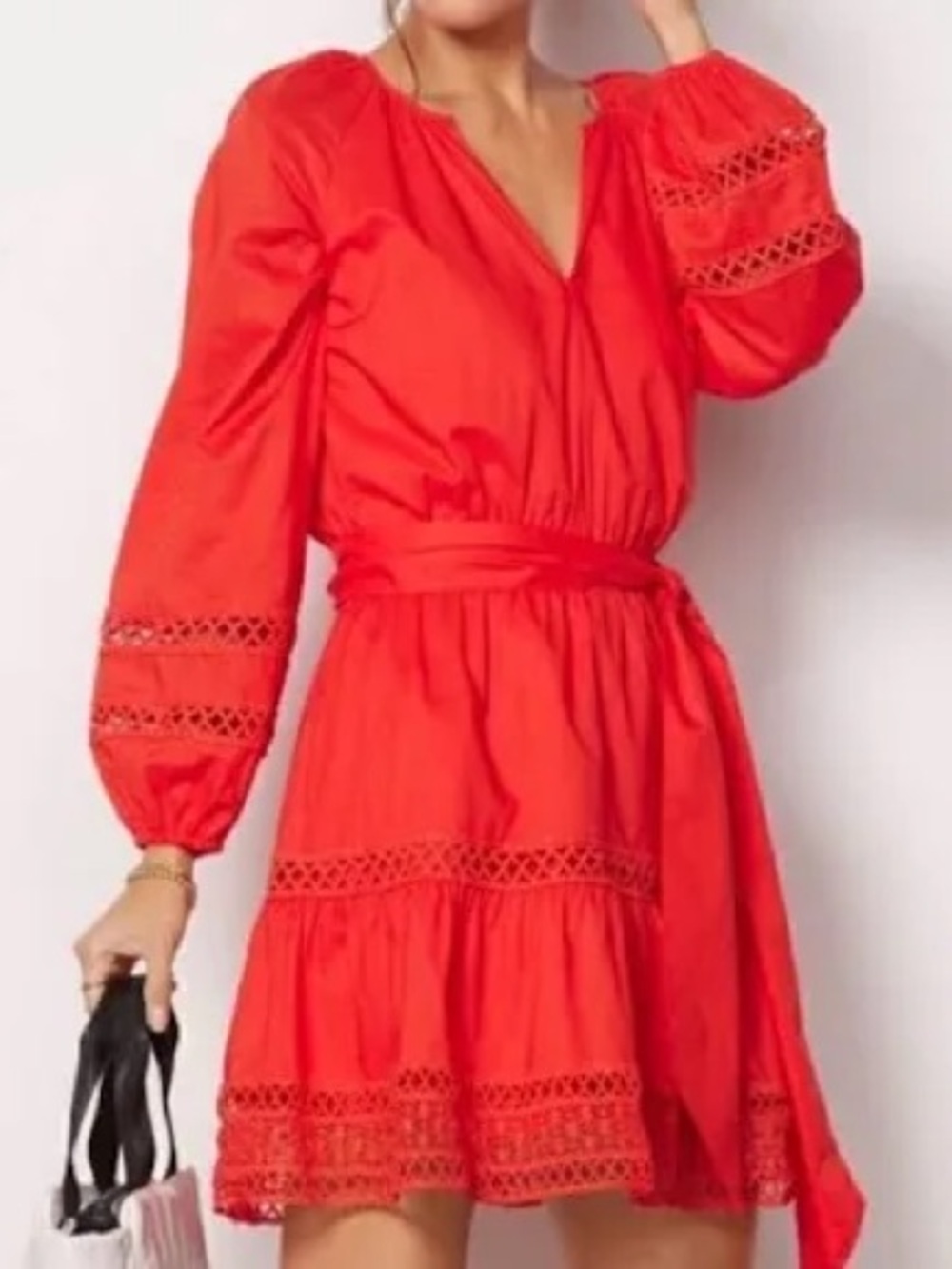 Evereve Juliana Dress Womens XS Red Excellent Eyelet Lace Long Sleeve Tie Waist